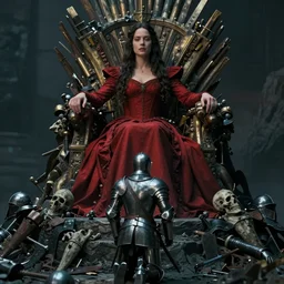 film still of closeup a woman in a red dress, sitting on a throne. on a mountain of dead knights. one knight standing on one knee below by emmanuel lubezki
