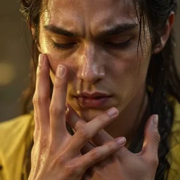 epic masterpiece torment, drama, sweaty skin, hyperrealistic, octane render, cinematic, beautiful face and flawless skin, perfect hands, 5 fingers,  yellow by Lorenzo Sperlonga, Legends of Runeterra