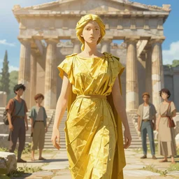 possessed woman wearing an ancient greek tunic made of yellow paper, stephen bliss, unreal engine, fantasy art by greg rutkowski, rhads, ferdinand knab, makoto shinkai and lois van baarle, ilya kuvshinov, rossdraws, tom bagshaw, global illumination, radiant light, ancient greek temple ruins