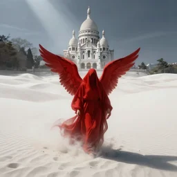 one lone singular swirling otherworldly angel shrouded in red robes emerges from extensive barren white dunescape, matte painting by peter mohrbacher and filip hodas, background basilica! sacrecoeur!, godrays, high contrast, highly detailed, a