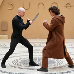 knife-fight between bald_hairless_Austin_Butler-dressed-in-black versus Timothee_Chalamet_dressed-in-brown-felt, on a mosaic floor, Frank Herbert\'s Dune, detailed faces