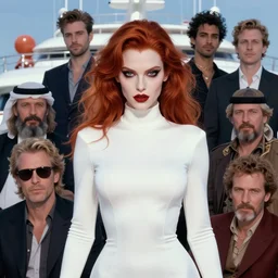 beautiful pale vampire with auburn hair in a white turtleneck dress, on a super yacht, by guweiz and wlop and ilya kuvshinov and and moebius and bilal and artgerm, symmetrical eyes, aesthetic, gorgeous, stunning, alluring, attractive, artstation, deviantart, pinterest, digital art