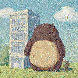 artwork of a building and humanoid in a nice scenery in the style of katamari damacy,
