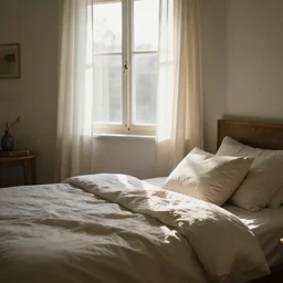 A photograph of a cosy bedroom, light shinning from the window, relaxing, calming