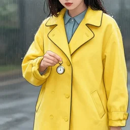 girl in a yellow coat standing in the rain holding a small pocket watch, thick outlines, bright colors, geometric shapes, digital art, hard edges, detailed, anime style, art by sora kim, rinotuna, ilya kuvshinov