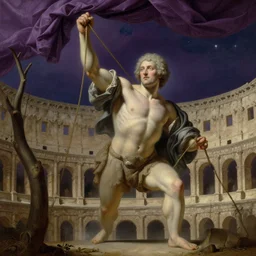 capturing giant gulliver with ropes at a colloseum, dry trees, purple drapery, hanging tarp ceiling showing the stars, stoic, light dust, magnificent, hyperdetailed, theatrical, close up, masterpiece, painted by jean honore fragonard and greg rutkowski