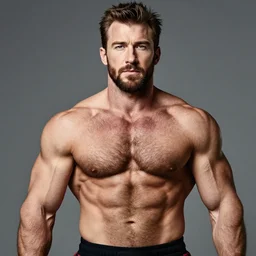 chris evans as a bodybuilder, masculine, muscular, handsome, powerful, hairy torso, 4 k hd photograph