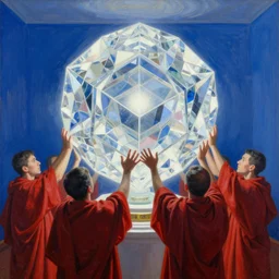 worshippers in red robes holding a very complex gigantic reflective glowing glass crystal tesseract orb violently illuminating a small room, very bright white light, small room, enlightening, high detailed beksinski painting, part by adrian ghenie and gerhard richter. masterpiece, deep colours, blue, bright white