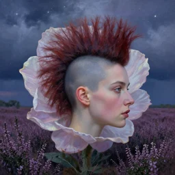 closeup, giant flower head and mohawk, woman in heather field, surreal photography, starlight, storm clouds, impressionist painting, digital painting, artstation, simon stalenhag