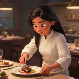 animation still frame of an attractive female chef ( long dark hair ) cooking a meal, high angle perspective, closeup portrait, ( ( wholesome, ) ) blurry background of the kitchen of a highend restaurant, disney, pixar, bloom, medium shot, dramatic lighting, in the style of studio ghibli, j. c. leyendecker, greg rutkowski, artgerm
