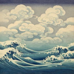 clouds and waves, an aesthetically pleasing, dynamic, energetic, lively, complex, intricate, detailed, well - designed fine art of a beach, ripples, waves, sea foam, light and shadow, overlaid with aizome patterns, shin - hanga by bob ross, traditional japanese colors, superior quality, masterpiece, featured, trending, award winning, hdr, hd