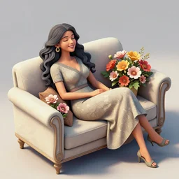 isometric view, women relaxing on a sofa, happy, flowers, absurdly beautiful, elegant, realistic ultrafine hyperrealistic detailed face illustration by amrita sher - gil, intricate linework, sharp focus, bright colors, matte, unreal engine highly rendered, global illumination, radiant light, intricate environment