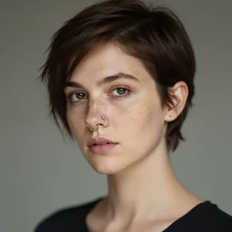 portrait of a beautiful woman in the style of guweiz, short hair, freckles, septum piercing, sigma 85mm f/1.4