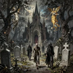 cemetery scene in hell with a creepy chapel in the distance, undead walk, creepy, fantasy, d & d, intricate, beautiful, highly detailed, elegant, artstation, concept art, smooth and sharp focus, rpg artwork, illustration, painting by craig mullins, j. c. leyendecker, tian zi, wlop, alsphonse mucha, artgerm