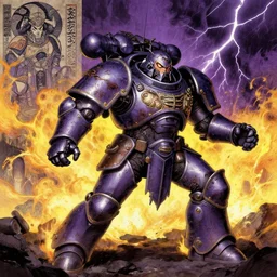 composition gothic and futuristic, action with run and fight, warhammer, cyber japan armor, more scars, fire storm, thunderstorm, purple and yellow, the middle ages, highly detailed, artstation, moebius, jugendstil and classic japanese print, art rene magritte and robert mccall