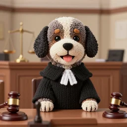 a closeup photorealistic illustration of a smiling knitted bernedoodle judge dog dressed in a black gown, presiding over the courthouse. scales of justice and a gavel in the room. this 4 k hd image is trending on artstation, featured on behance, well - rendered, extra crisp, features intricate detail, epic composition and the style of unreal engine.