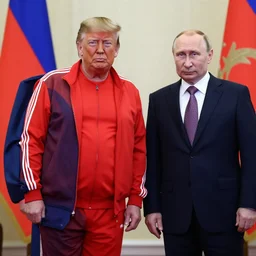 donald trump posing in a red addidas track suit next to vladimir putin
