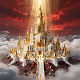 beautiful gold fantasy city made from white stone and bright copper built on a volcano, gondor, misty, red sky, medieval city, metropolis, magic, gorgeous clouds, white marble, god rays, digital art, landscape, fantasy art, octane render, ureal engine, high detail, very realistic, by greg rutkowski. by james gurney