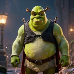 shrek as superman in halo 5, splash art, movie still, cinematic lighting, dramatic, octane render, long lens, shallow depth of field, bokeh, anamorphic lens flare, 8 k, hyper detailed, 3 5 mm film grain
