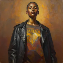 detailed portrait in strong femininity, ethnic, realistic face sculpted features, statuesque model, low perspective, wide stance, modern fashion, aggressive jacket with graphic tee, warm glow, supple, bathed in light, chiaroscuro, specular highlights, angular impressionism, radiosity, deep rich tones, contemporary art, oil on canvas