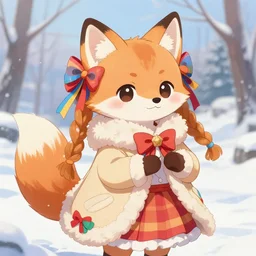 a cute anthropomorphic calico fox girl anthro wearing vibrant ribbons and a fluffy coat and striped skirt, winter park background, very anime!!! kawaii!! furry!! intricate details, aesthetically complementary colors, scenic background, art by rising artists with a radically new style. trending on artstation, top rated on pixiv and furaffinity