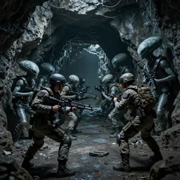 battle between human soldiers and grey aliens in a dark underground tunnel