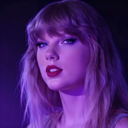 closeup portrait of an ethereal Taylor swift made of purple light