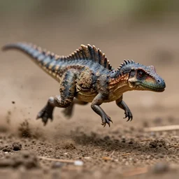 action photography, long shot, award winning macro photo of an ultra detailed intricate muddy tiny spinosaurus running very fast on mud, dirt and dust, fast shutter speed, motion blur, tiny gaussian blur, highly detailed, highly intricate, depth of field, national geographic