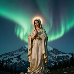 beautiful aurora in shape of praying virgin mary portrait over mt rainier hdr ray tracing long exposure film