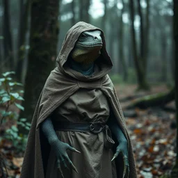medieval cloak wearing lizard human, photograph captured in the woods