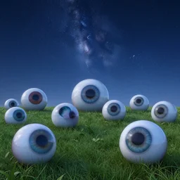 Many giant eye balls, on the grass, looking up from the ground to the starry night sky