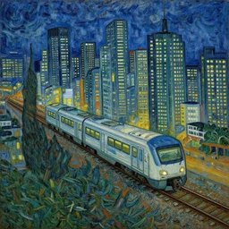 the hong kong mass transit railway at night, sorrounded by skyscrapers, painting by van gogh, post impressionism