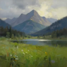 painting of a landscape, concept art, blurry, broad strokes, canvas, first light, majestic mountains, lake, lush grass, dramatic clouds, soft light, by greg rutkowski and jakub rozalski, lip comarella and eytan zana