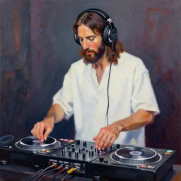 a painting of jesus wearing headphones DJing with DJ turntables, craig mullins, greg rutkowski
