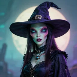 highlights and highly detailed retro futuristic portrait of alien witch