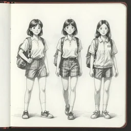 sketchbook page with concept illustration of the three main characters in a book about girls who run for the schools election, 8k, scan, pencil, detailed