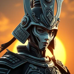 gorgeous female samurai with full warrior armor, 3 d render, futuristic biomechanical, porcelain ivory mask, hyper realistic, cinematic, octane render, 8 k, yellow sun in background