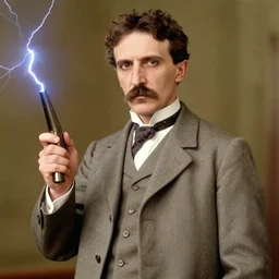 color photograph of Nicola Tesla holding a tesla gun with lightning