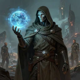 cyberpnetic male nomad wearing a cloak on an alien world and holding a holographic planet projection in his hand, covered face, detailed, sci - fi, digital painting, artstation, sharp focus, illustration, artgerm, tomasz alen kopera, peter mohrbacher, donato giancola, joseph christian leyendecker, wlop, frank frazetta