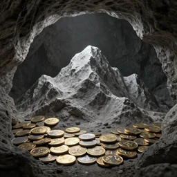 digital matte painting mountains of coins inside a cave