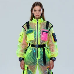 a portrait of a russian girl detailed features wearing a cargo pilot suit neon brights, utility chic, sheer fabrics, zippers, belts & velcro galore, big techno watches, cargo pants, designed by balenciaga by cgi rtx hdr painting bioluminance alena aenami artworks in 4 kby jesper ejsing, feng zhu and loish beeple, by