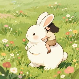 girl riding a giant bunny in a field of flowers, trending on artstation