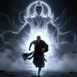 wide angle of a warrior run after monk saying wait : 6 character design : 2 midnight, illusion, stunning, breathtaking, majestic, asian fantasy, digital render, line art, unreal engine, de - noise, 8 k, volumetric lighting, symmetrical, pronounced features, detailed contrast, scattered mist, glow 3 d alejandro alvarez alena aenami
