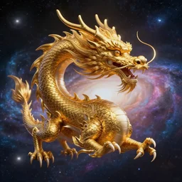 chinese five - clawed golden dragon in space, absorbing the energy of galaxies to create his metaverse, soft light, realism, maximum detail, high quality, good study of style, depth of field, focus, painting classicism and abstractionism, 8 k