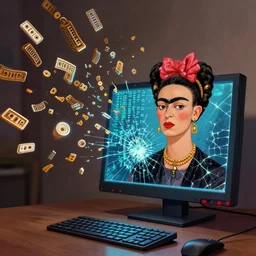 the bits and bytes of the computer are flying away, the screen is cracked, monitor is flashing strange symbols, digital masterpiece painting by Greg Rutkowski, Thomas Kinkade, Hayao Miyazaki, Capcom, SNK, Marvel, Pixar, Pablo Picasso, Frida Kahlo, 4k wallpaper