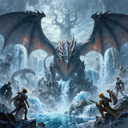 Fantasy dragons world , ice planet, waterfalls, ancient tree, Greg Rutkowski, Mike mignola, Kim Jung Gi, trending on Artstation, 8K, ultra wide angle, pincushion lens effect.