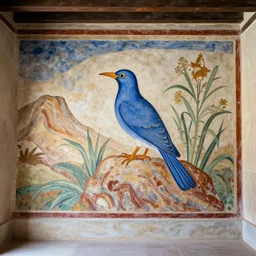 “Blue Bird” fresco depicts a blue bird sitting among plants on a rock in a mountainous landscape. Part of a large landscape fresco that once decorated spacious room of a house west of palace of Knossos, House of frescoes, 1600-1500 BC, at Knossos, Crete.