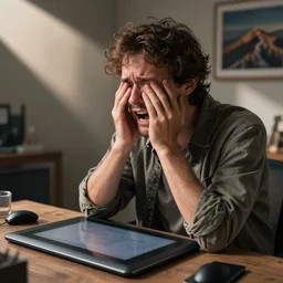 photo of an artist crying!!! into their graphics tablet after losing yet another customer to ai generated art