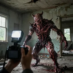 a photograph with camera flash of a male demonic creature made of slimy oozy meat and veins inside an abandoned house attacking the pov, photorrealistic, render octane, concept art, film, dslr