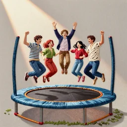 An embroidery of the cast of Modern Family bouncing on a trampoline